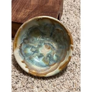 Erik Hertz Studio Art Pottery Trinket Dish Bowl Tan Teal Sage Glaze